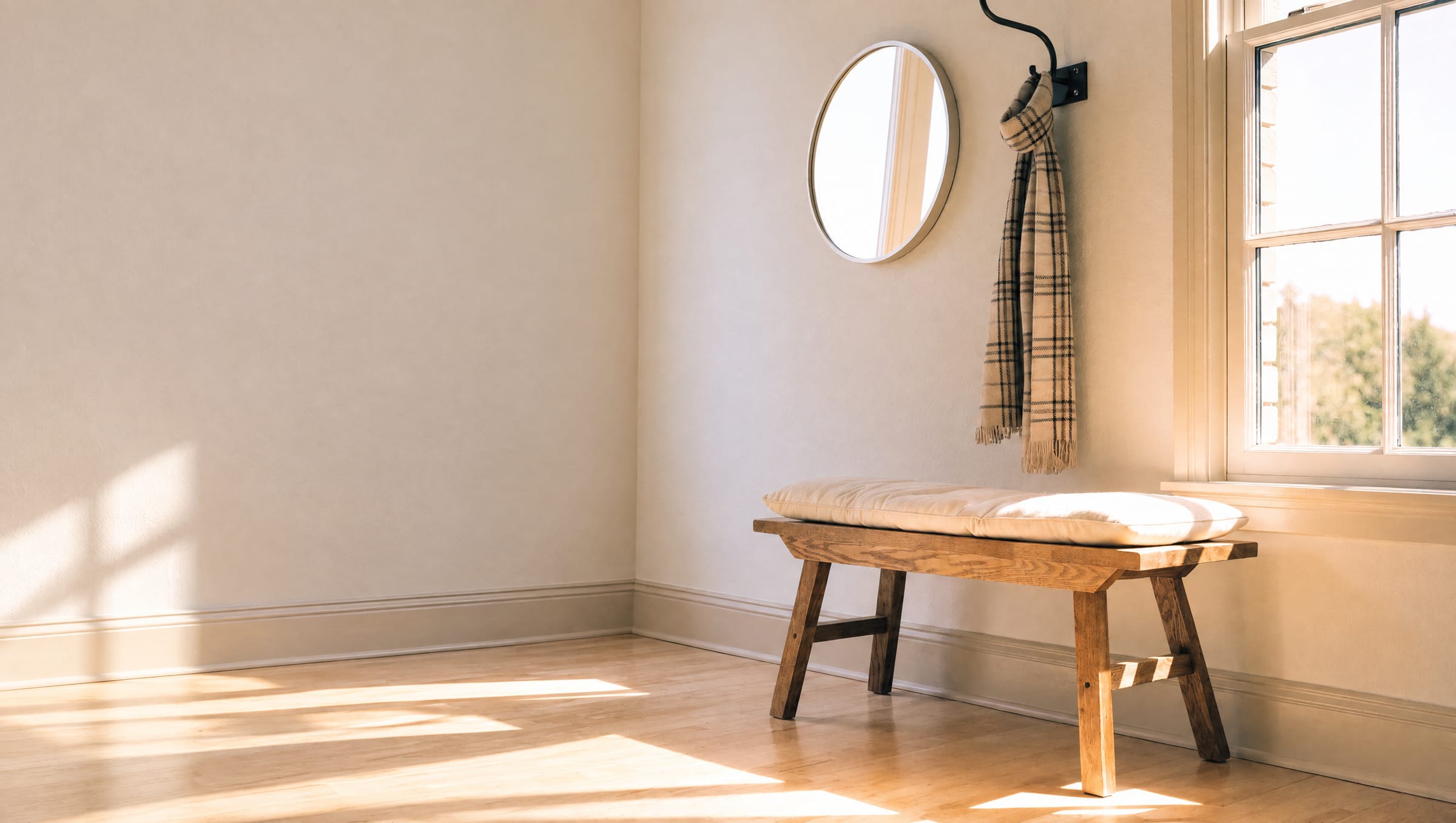 A bright, sunlit foyer with a wooden bench, a round mirror and a scarf on a coat hook