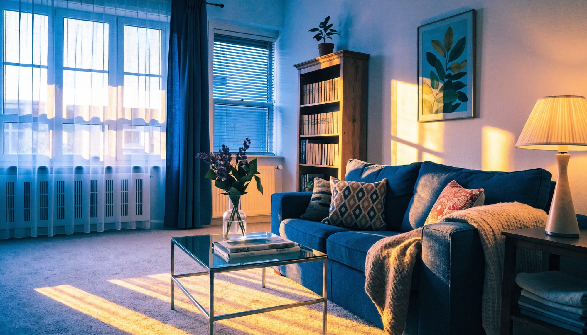 A cosy, fully set-up living room with a navy sofa, a lit lamp and a bookcase