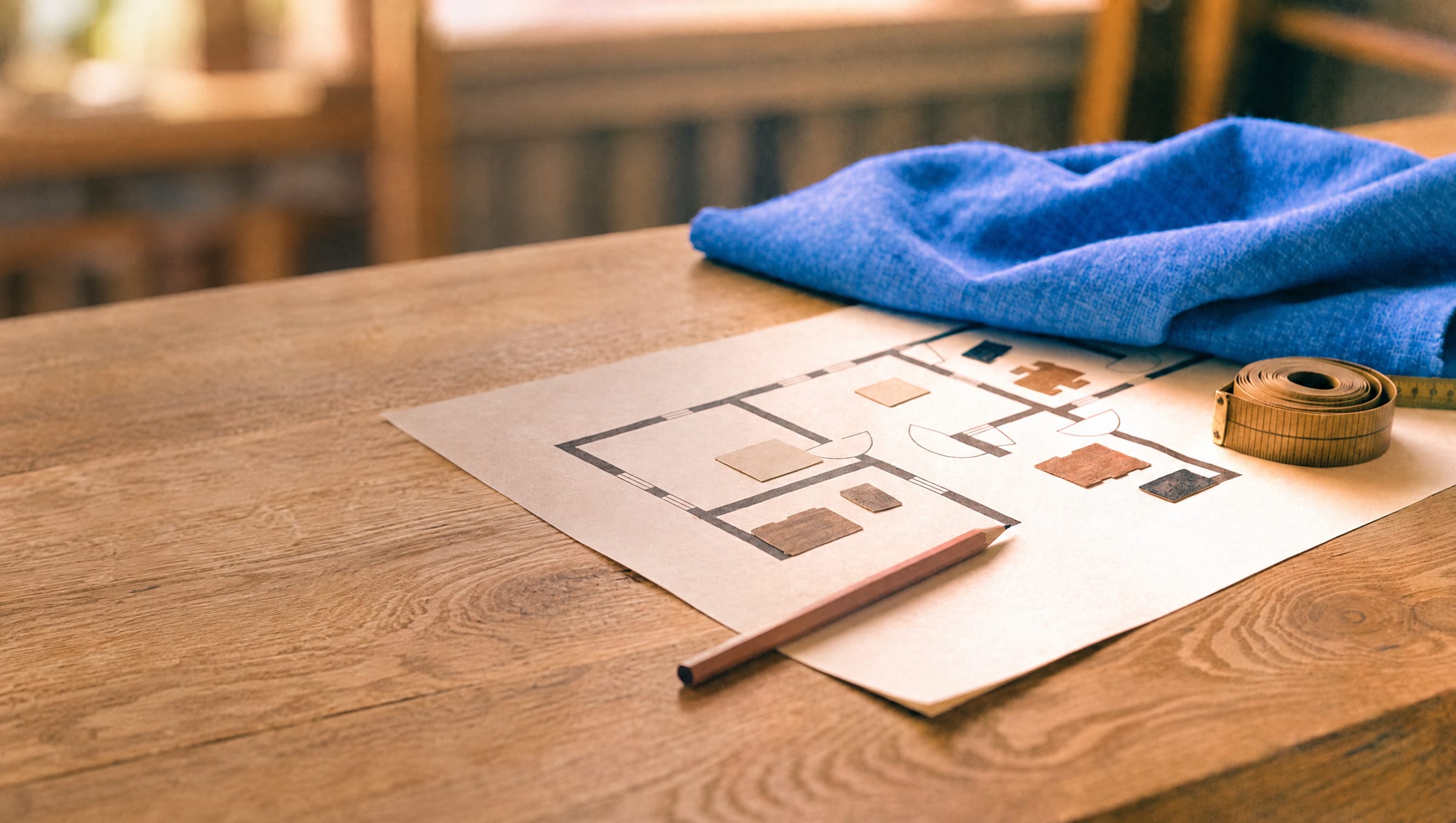 A floor plan with paper furniture cut-outs, a fabric swatch and a tape measure on an oak table